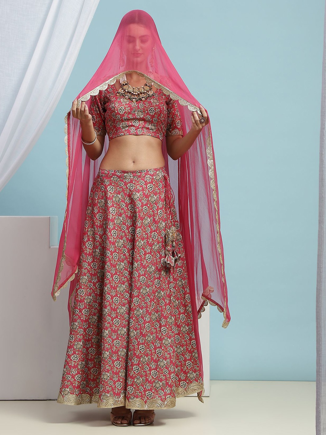 

Khushal K Printed Ready to Wear Lehenga & Blouse With Dupatta, Pink