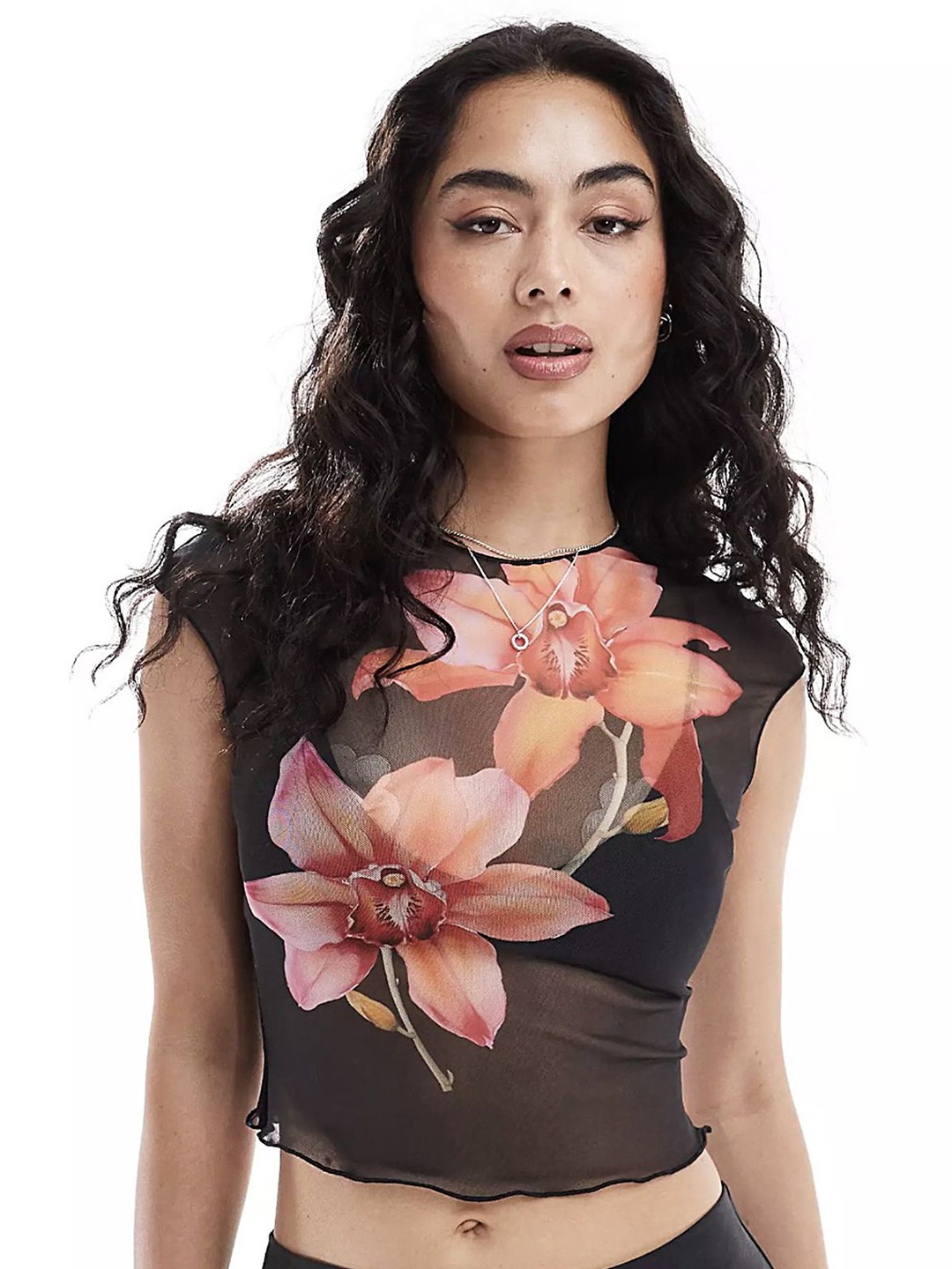 

LULU & SKY Floral Print Extended Sleeves Crop Top, Black