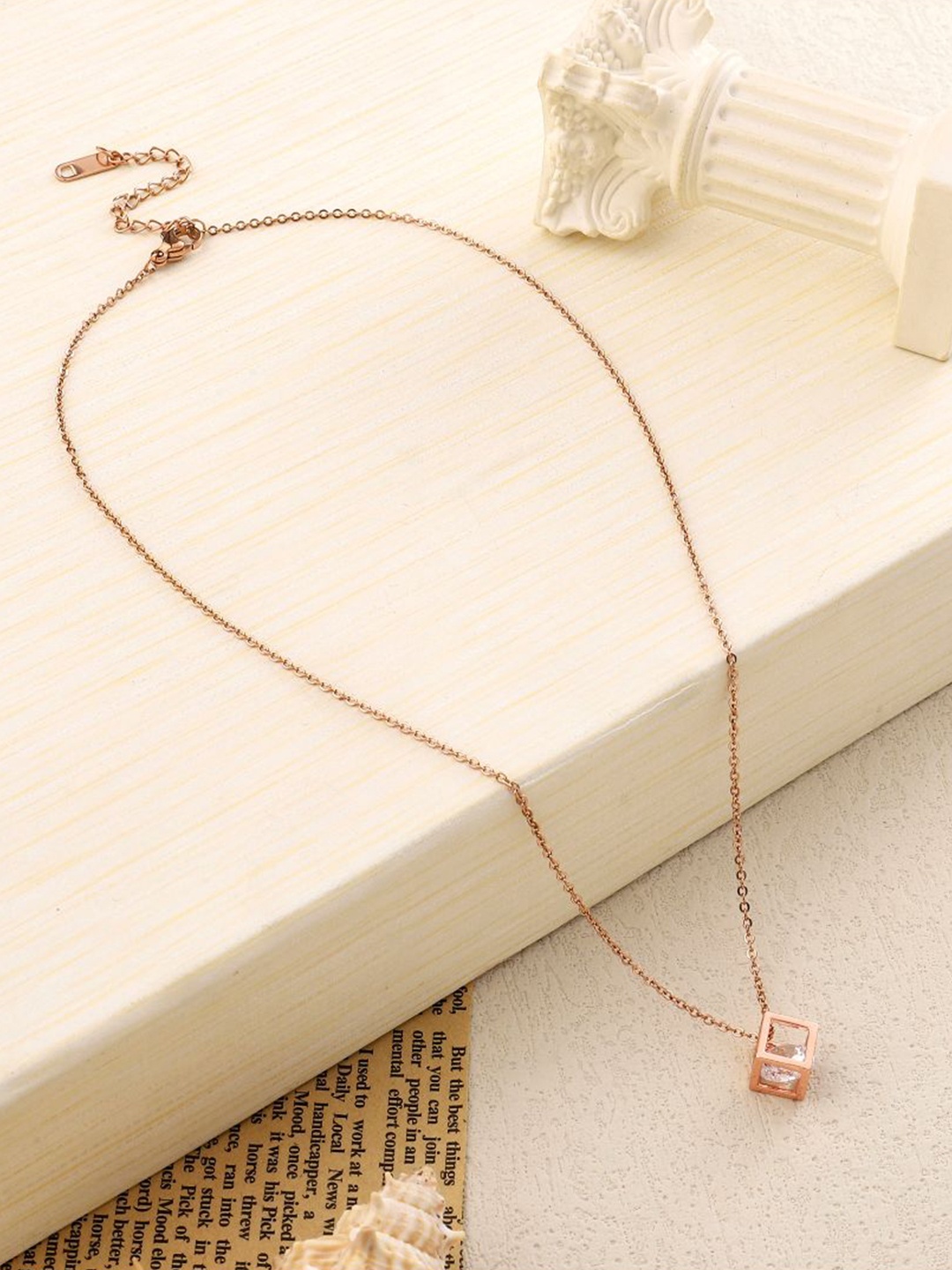 

SALTY Stone Studded Square Pendant Comes With Chain, Rose gold