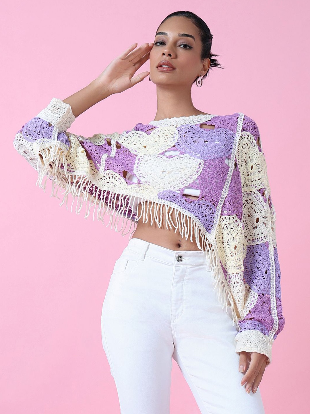 

SHOWOFF Crochet Cape Crop Top, Purple