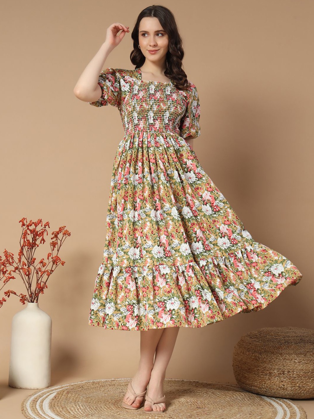 

OTABU Floral Print Puff Sleeve Applique Crepe Formal A-Line Midi Dress, Beige