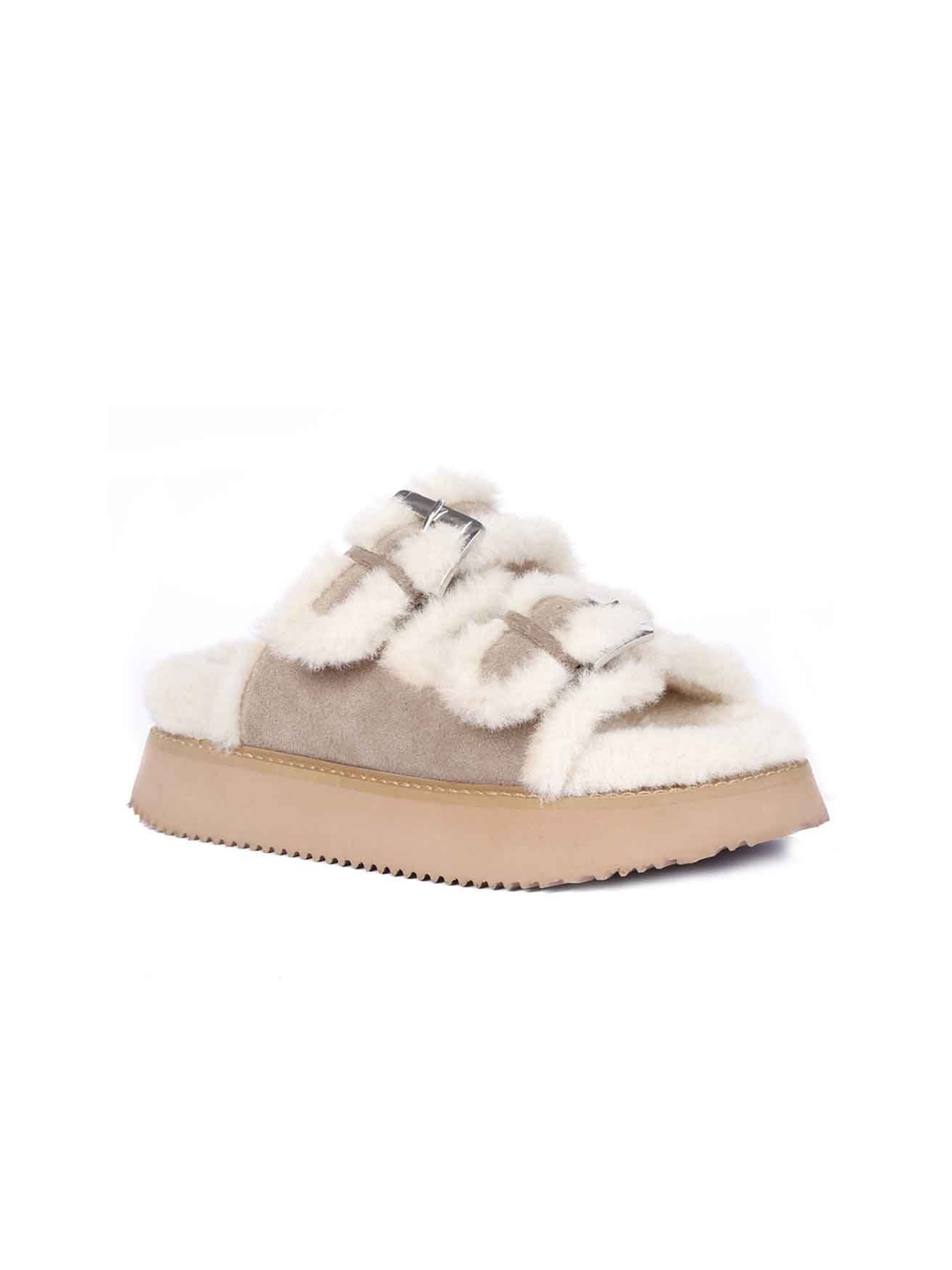 

Saint G Women Leather Open Toe Flats With Buckles, Taupe