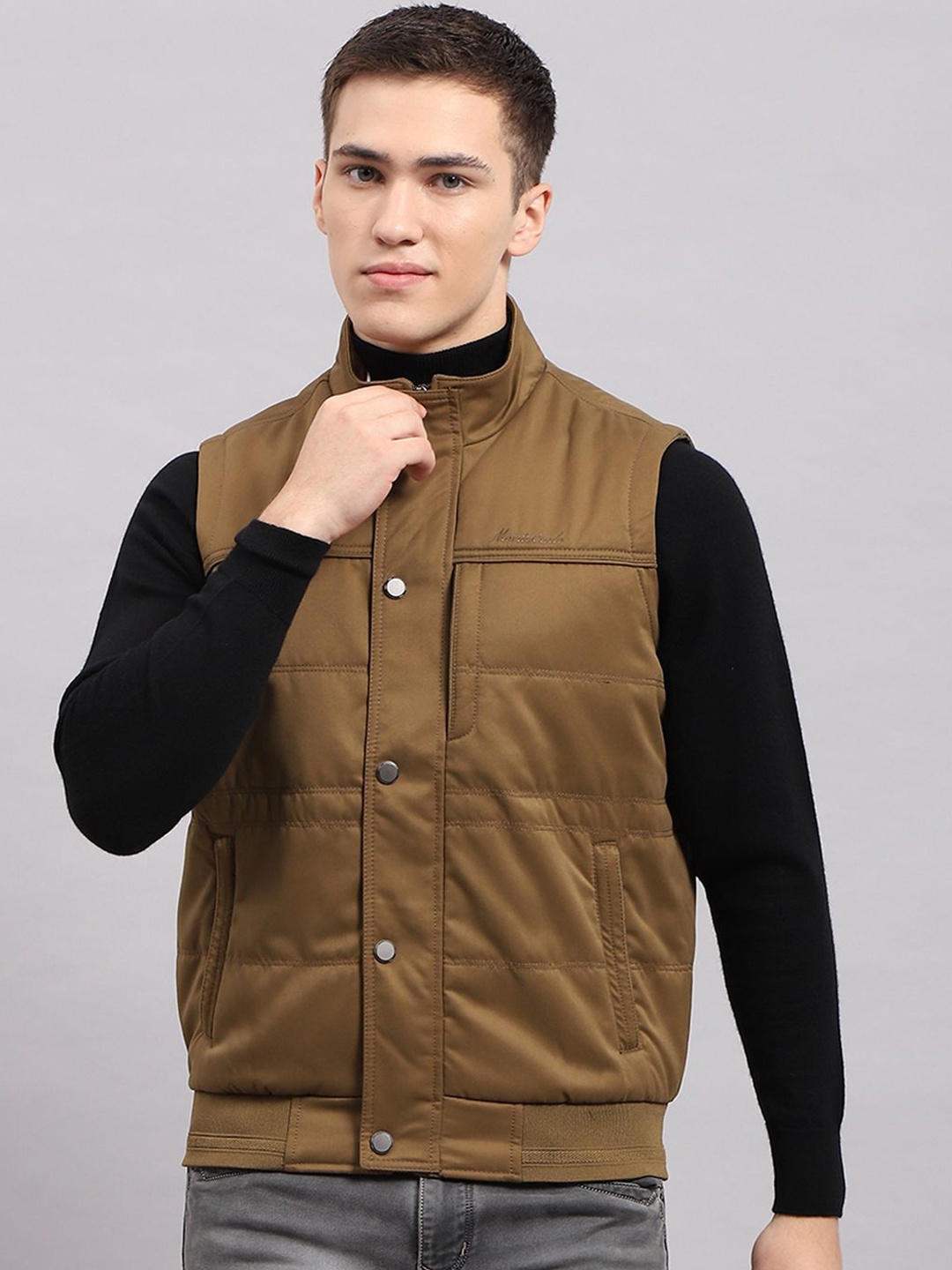 

Monte Carlo Men Solid Mock Collar Quilted Jacket, Khaki