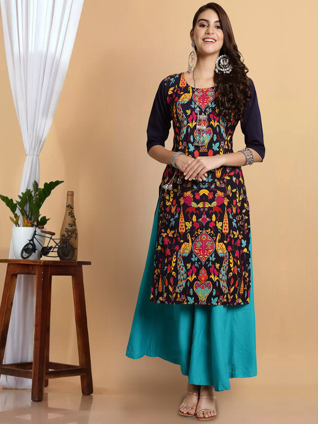 

7Threads Ethnic Motifs Printed Round Neck Crepe Straight Kurta, Navy blue