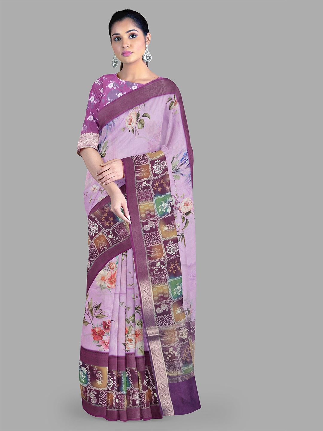 

The Chennai Silks Women Floral Printed Woven Design Zari Baluchari Sarees, Lavender