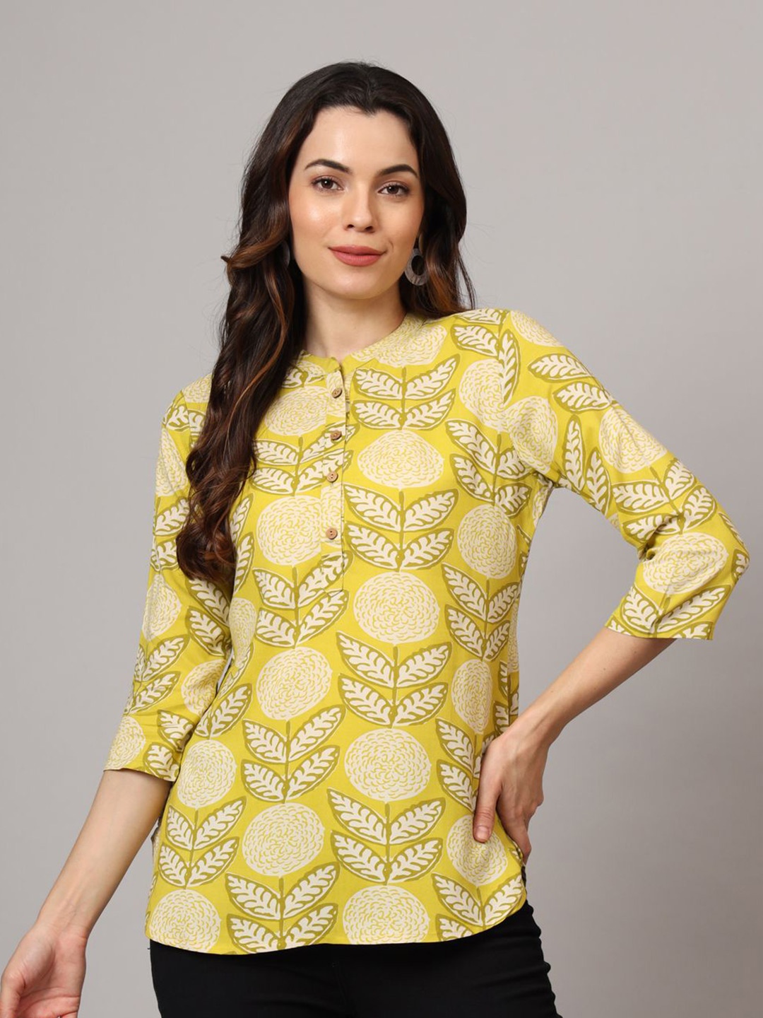 

Anouk Rustic Mandarin Collar Printed Tunic, Lime green