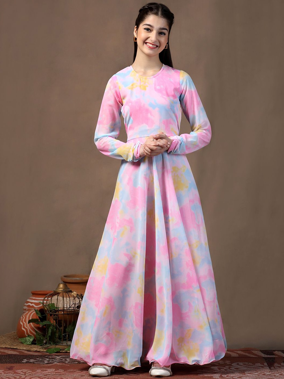 

BAESD Girls Round Neck Printed Fit & Flare Maxi Ethnic Dress, Pink