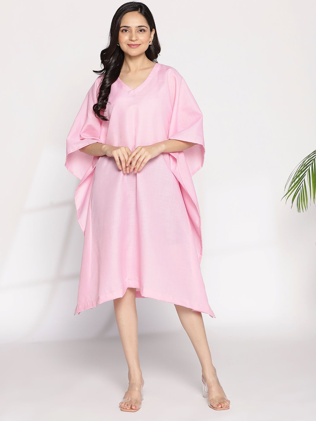 

LetsDressUp Women Cotton Kimono Sleeve Kaftan Midi Dress, Pink