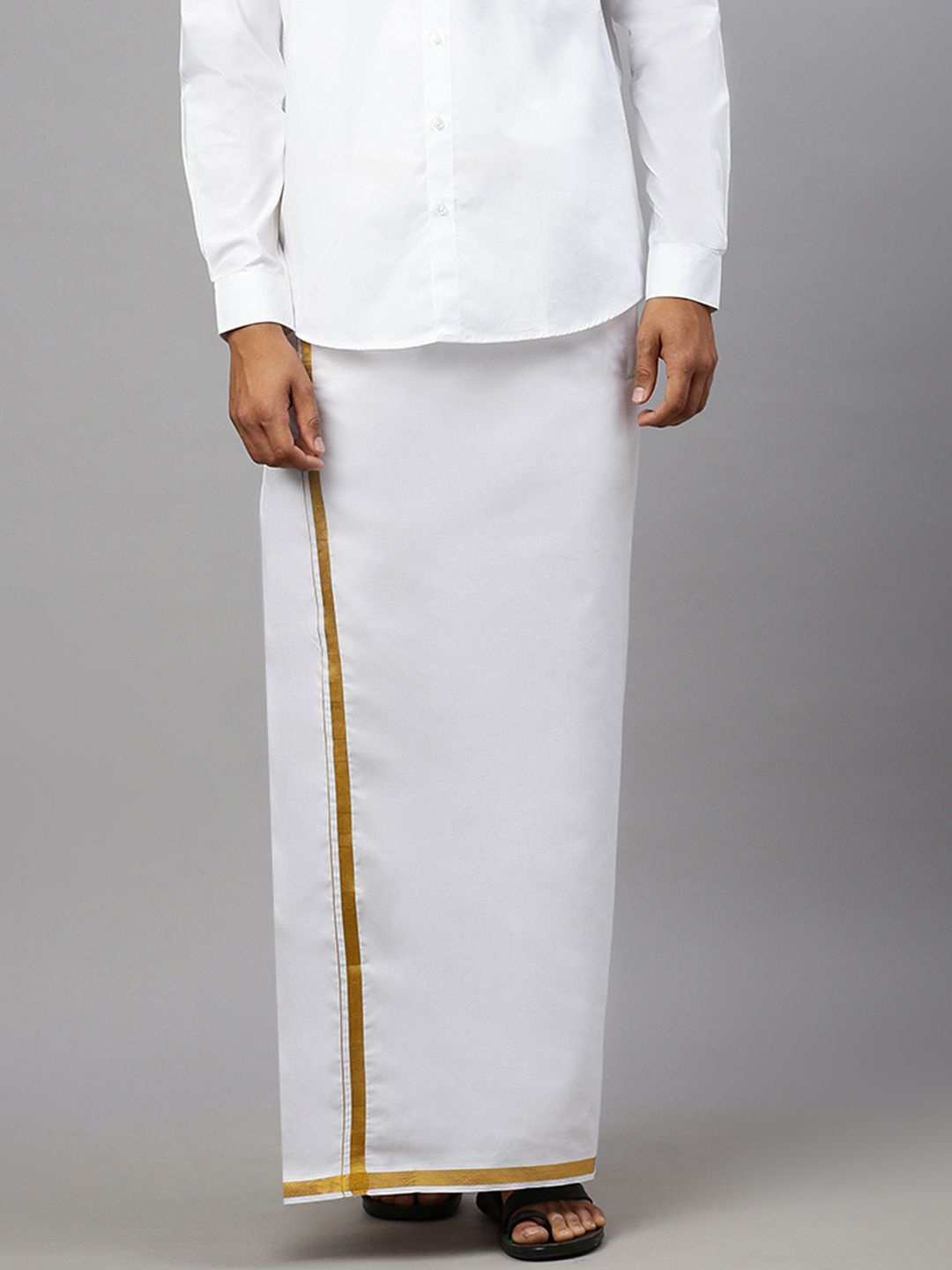 

Ramraj Genxt Men Pure Cotton Readymade Pocket Dhoti with Golden Zari Border, White