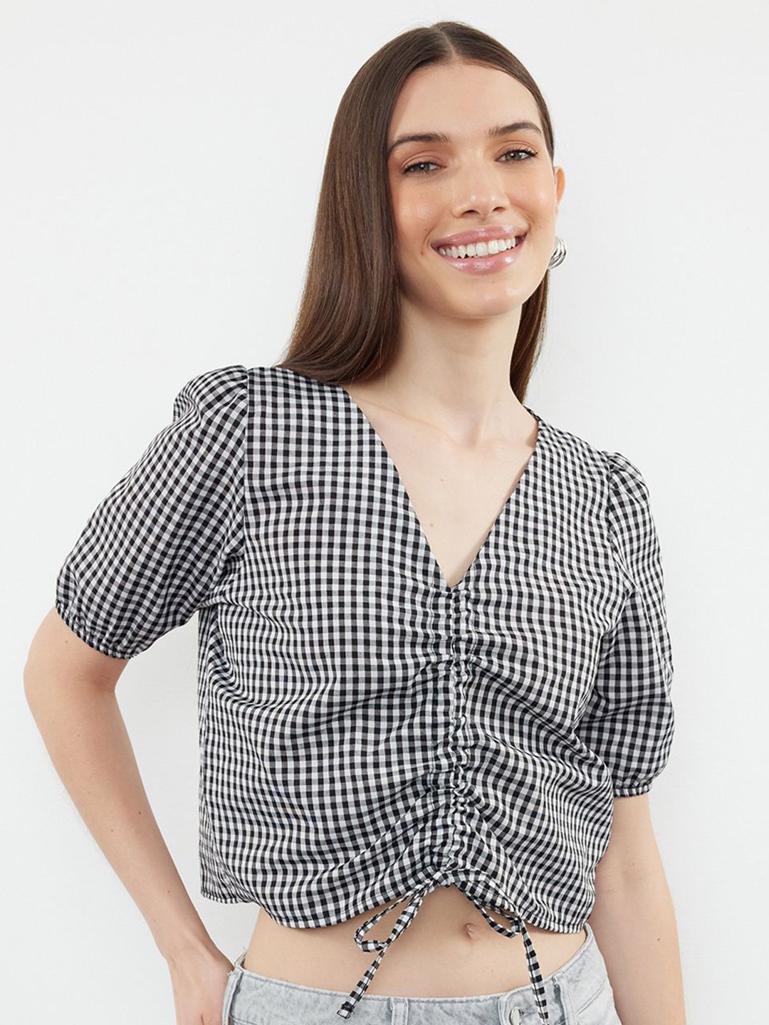 

Trendyol Checked Puff Sleeve Crop Top, Na