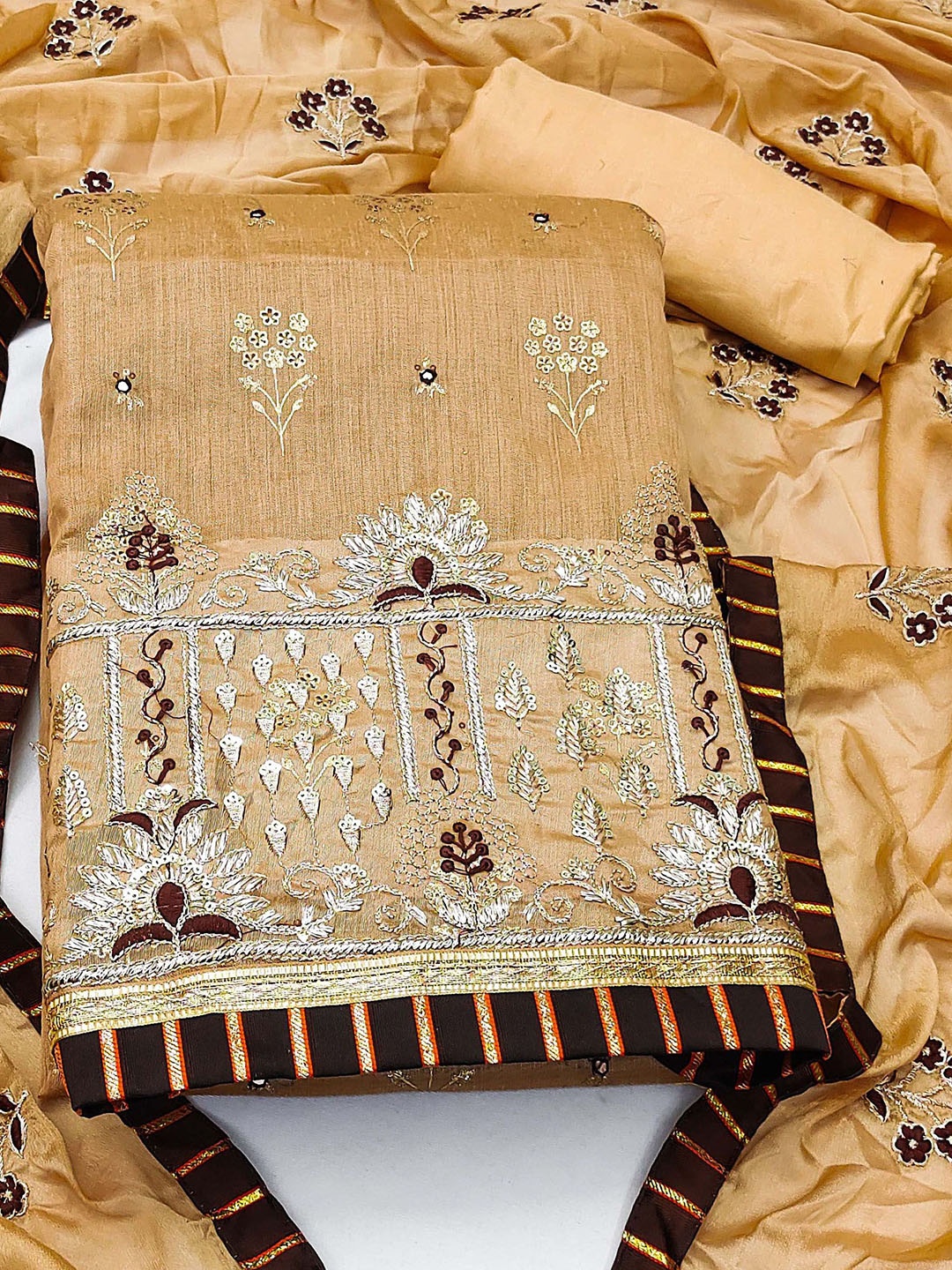 

Ishin Ethnic Motifs Embroidered Zari Unstitched Dress Material, Mustard