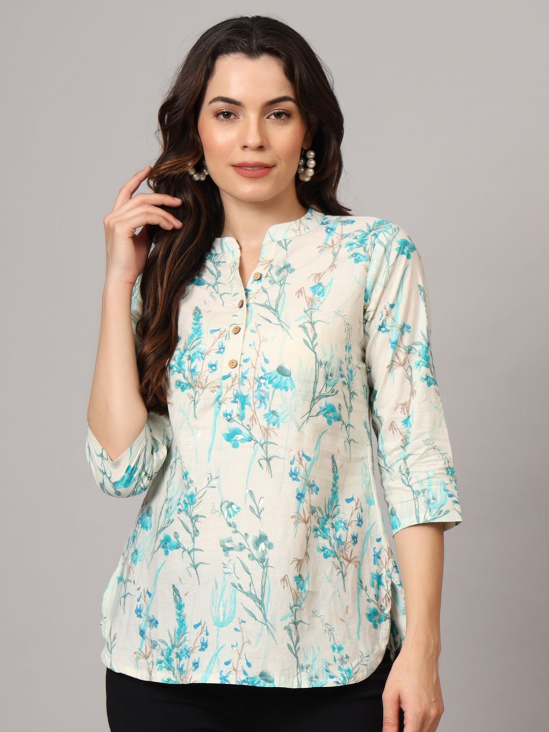 

Anouk Rustic Mandarin Collar Printed Tunic, Blue