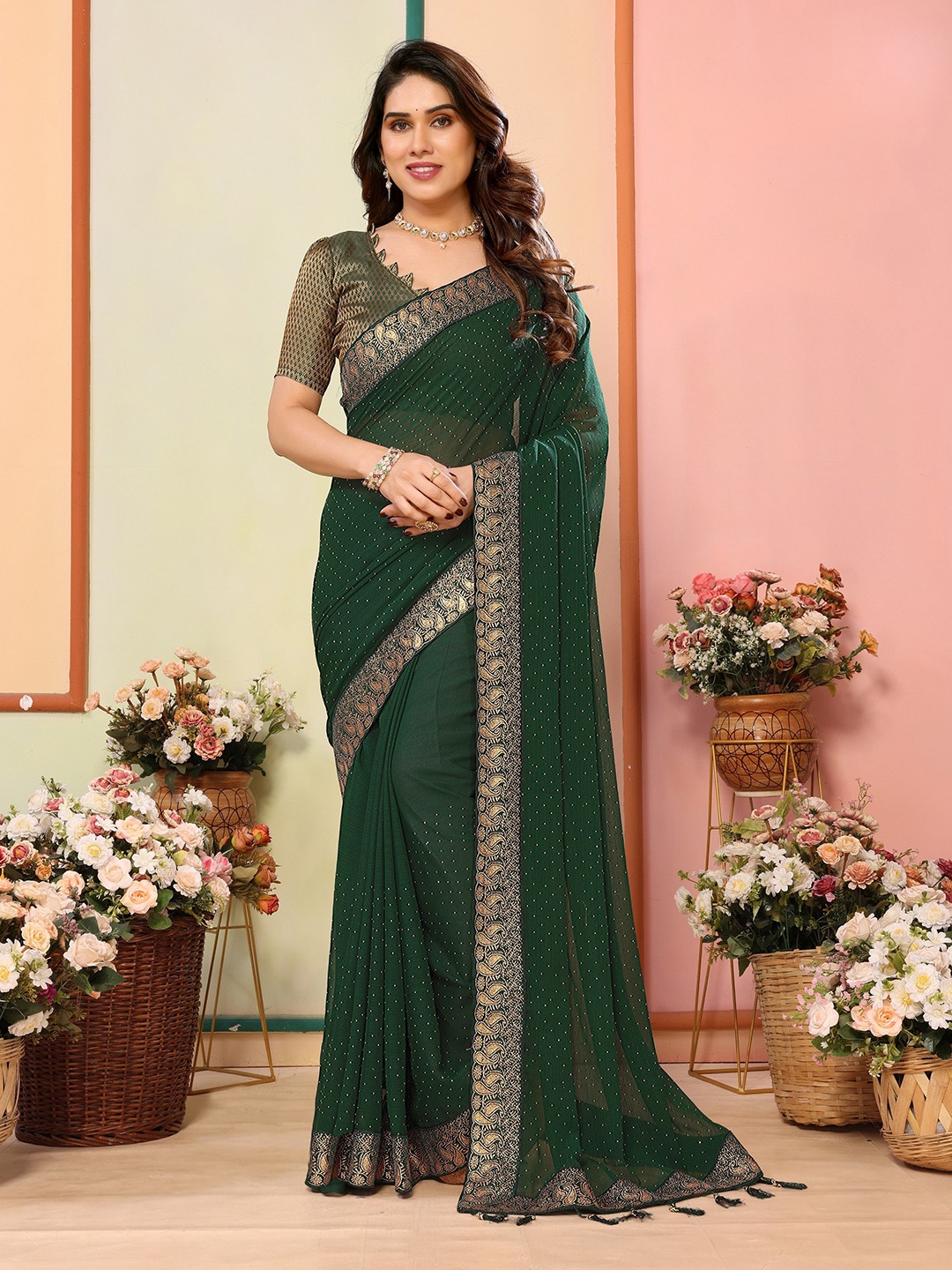 

Ambuja International Embellished Beads and Stones Saree, Green