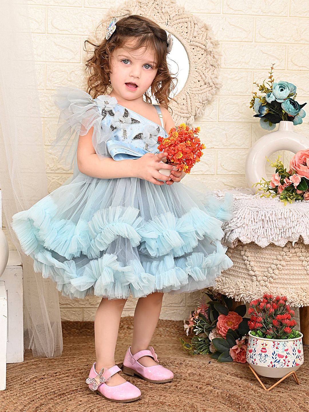 

Bedtime story Girls Embellished Ruffles Detail Net Fit & Flare Dress, Blue