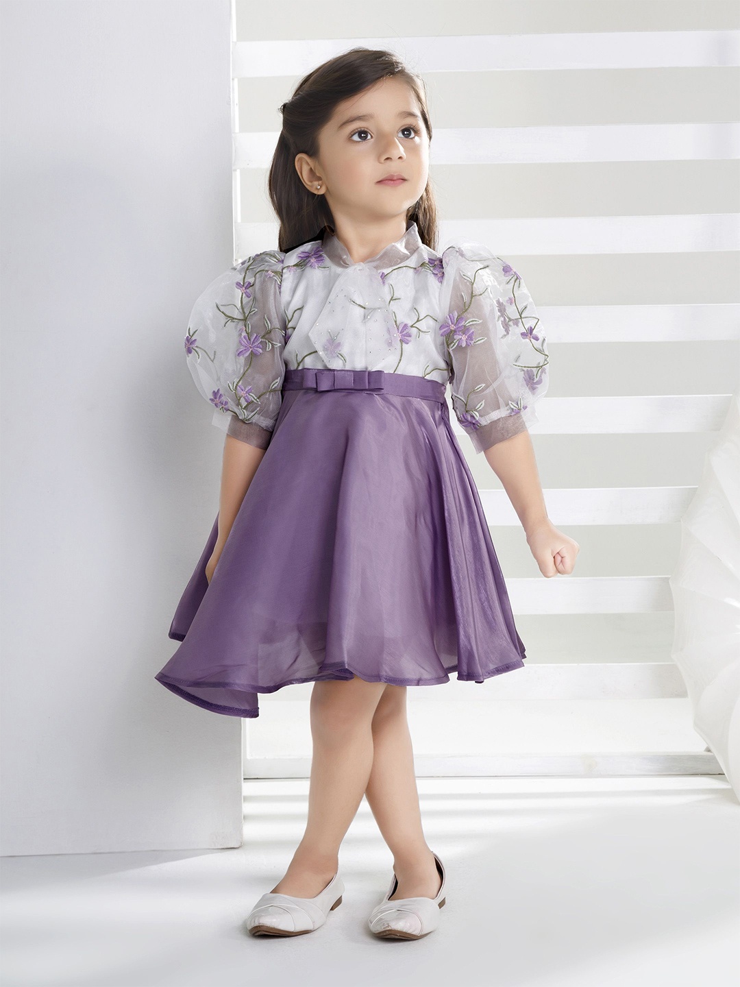 

Peppermint Embroidered Puff Sleeve Fit & Flare Dress, Purple