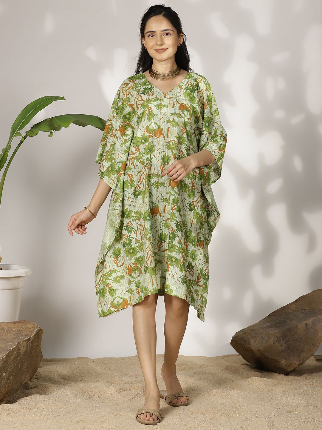 

LetsDressUp Women Floral Printed Kimono Sleeves Kaftan Dress, Green
