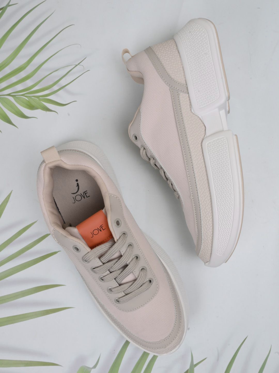 

Jove Women Beige Textured PU Sneakers