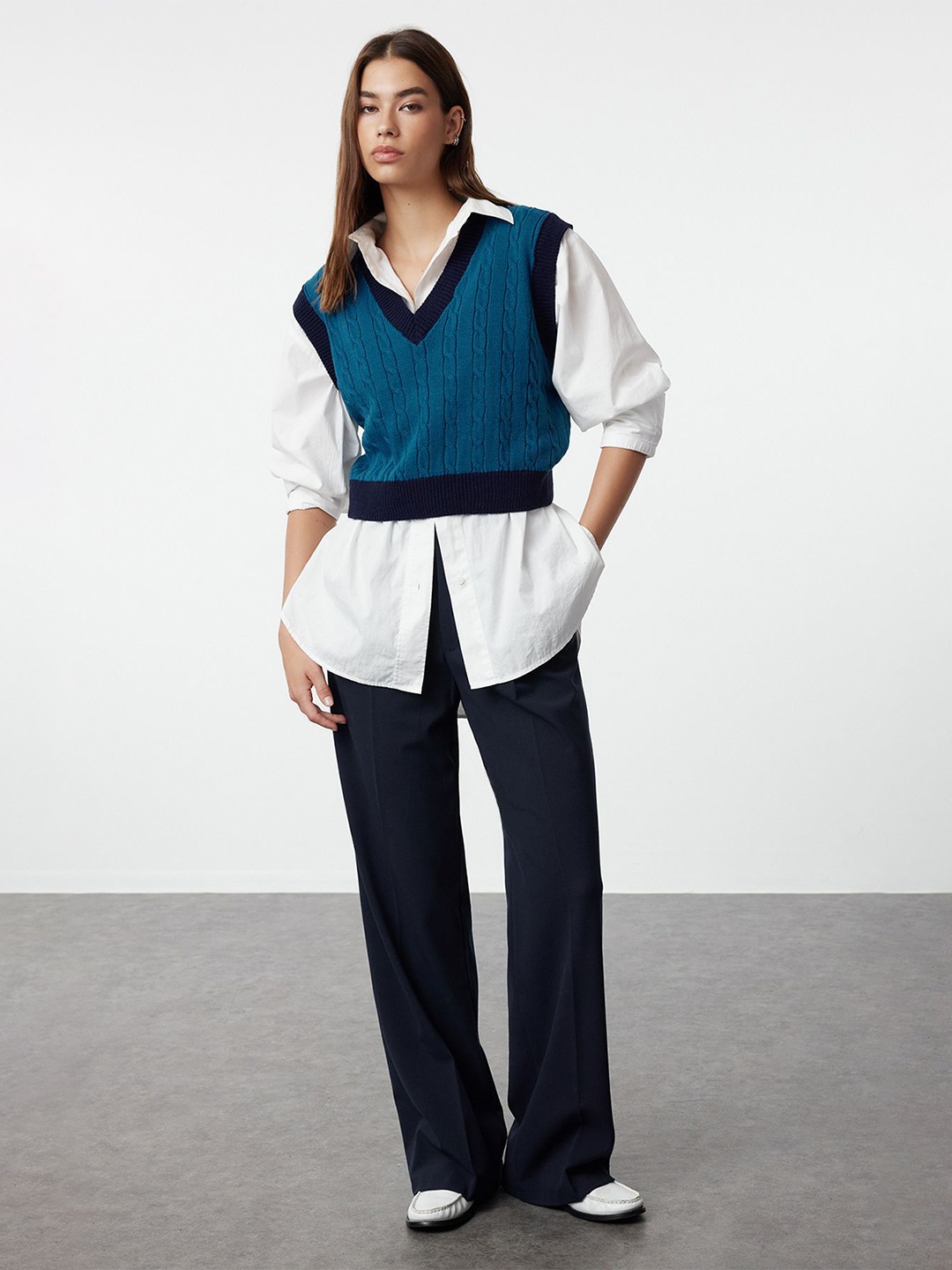 

Trendyol Women Cable Knit Crop Sweater Vest, Blue
