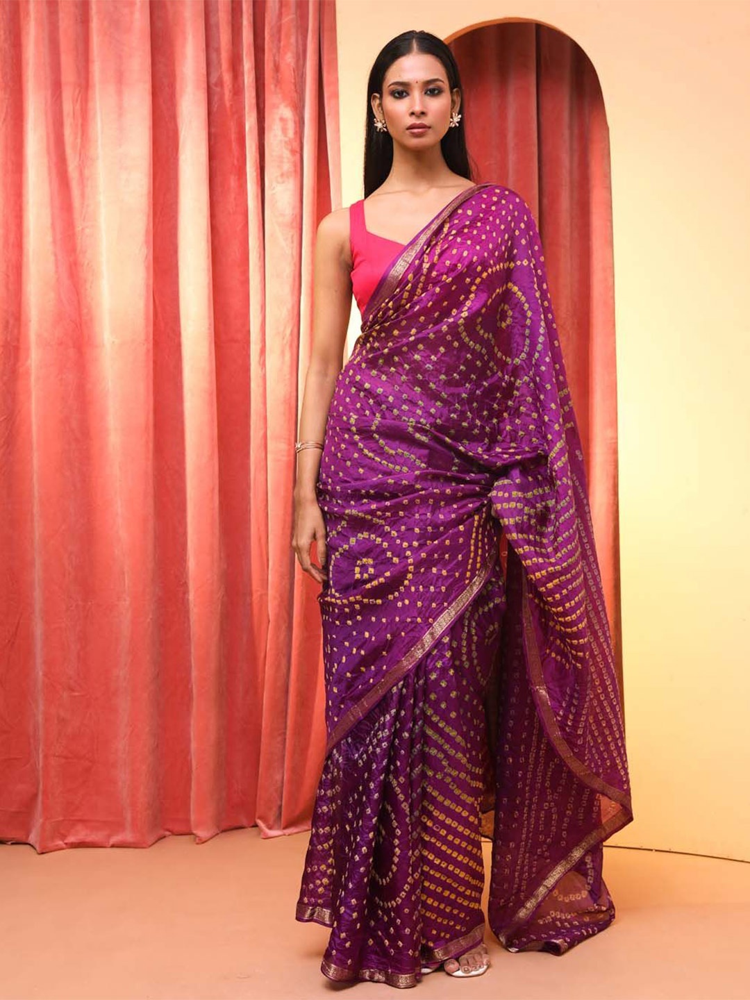 

Indethnic Printed Zari Bandhani Saree With Blouse Piece, Purple