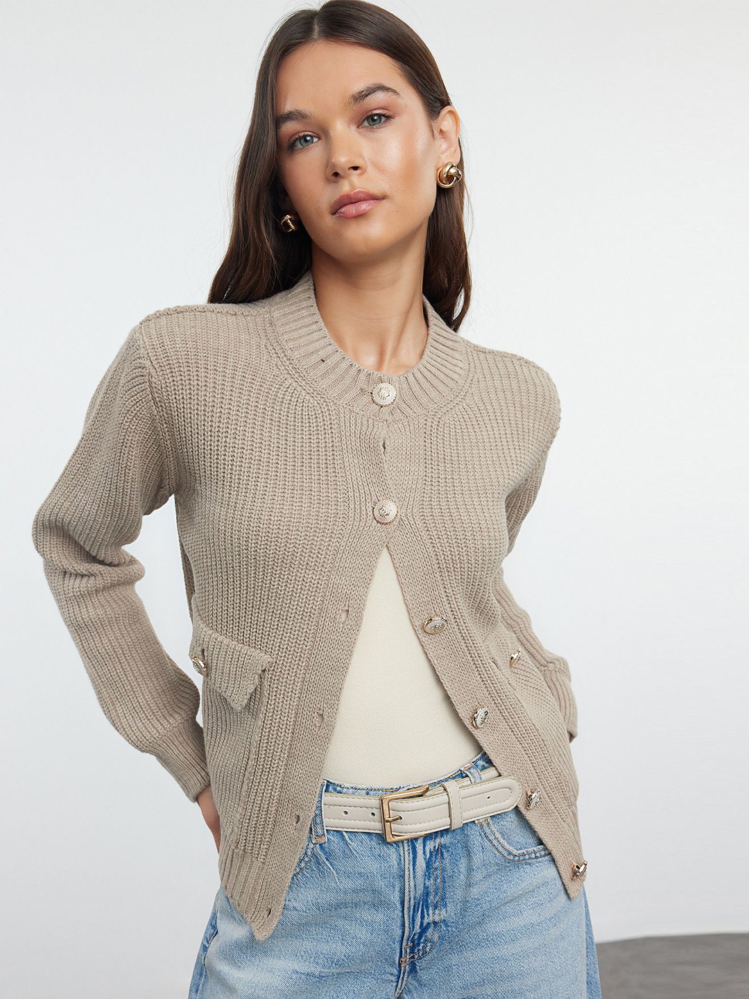 

Trendyol Women Cable Knit Cardigan, Beige