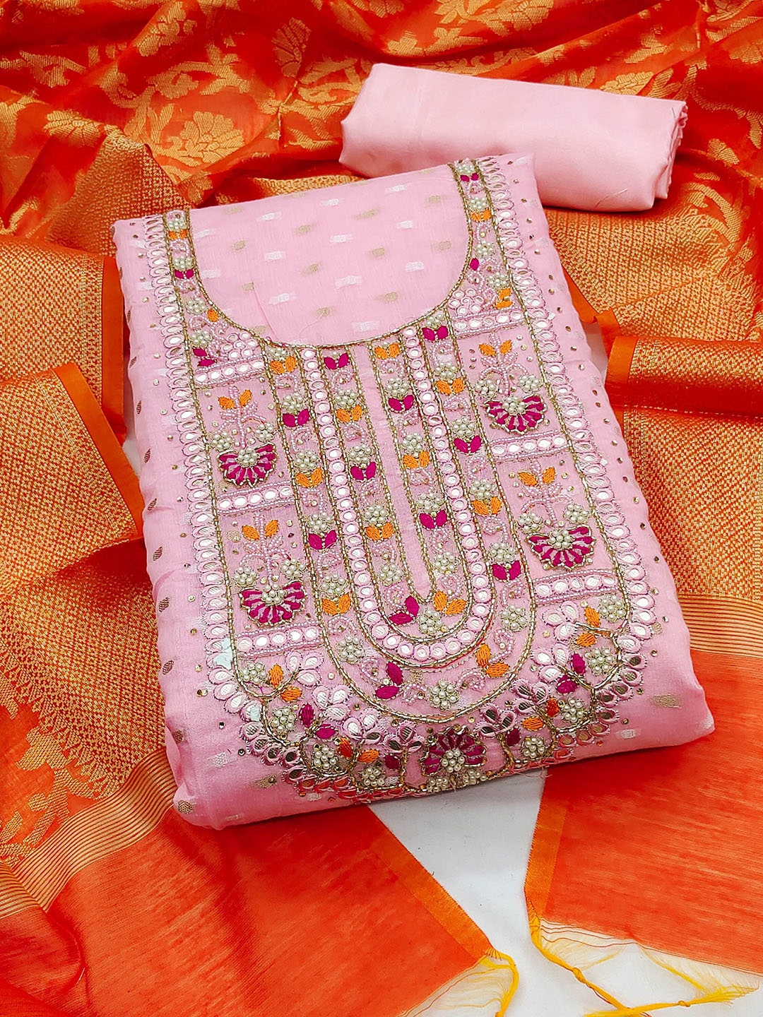 

Ishin Ethnic Motifs Woven Design Beads and Stones Unstitched Dress Material, Pink