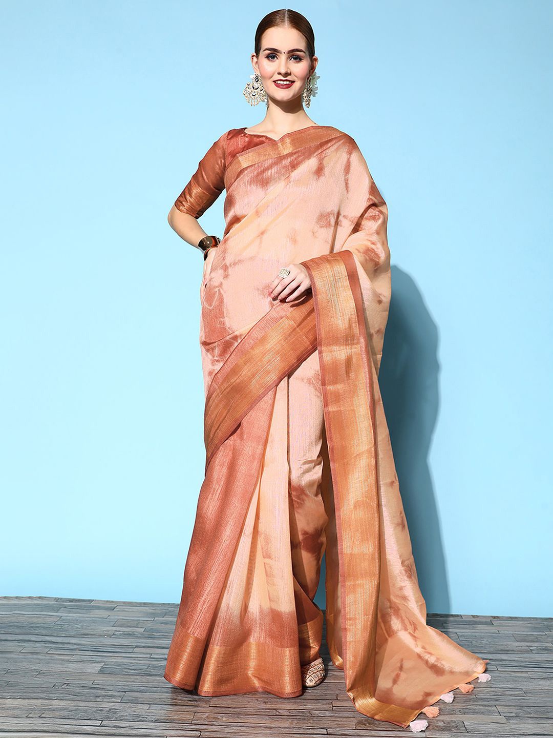 

KALINI Tie and Dye Traditional Saree With Zari, Brown