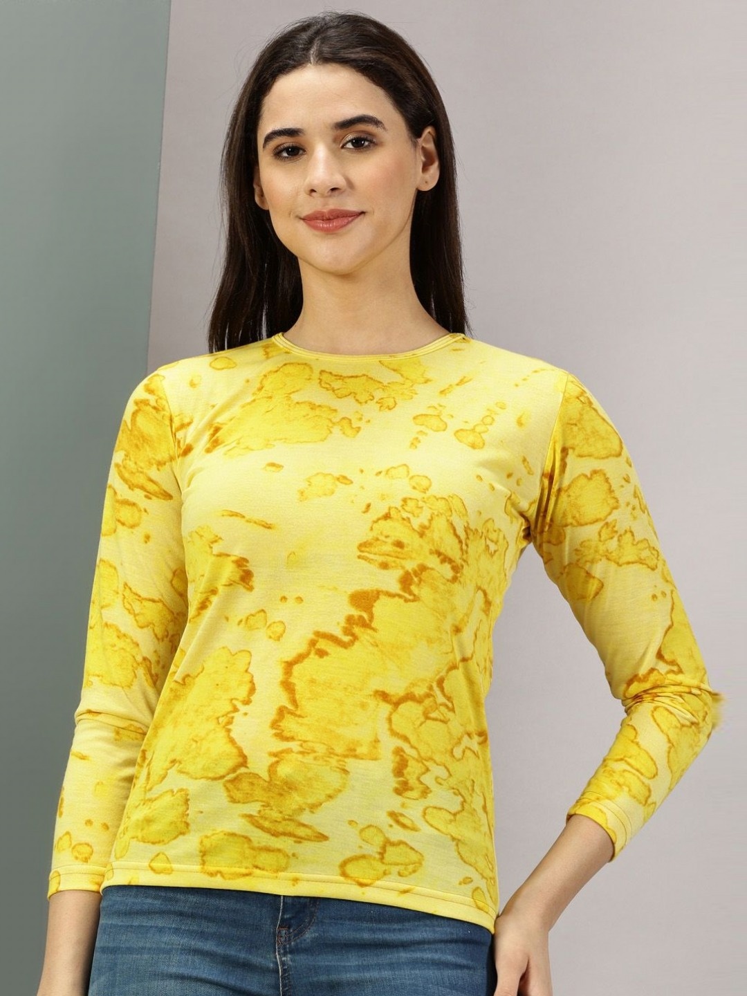 

Rodzen Women Tie and Dye Dyed Round Neck Cotton T-shirt, Yellow