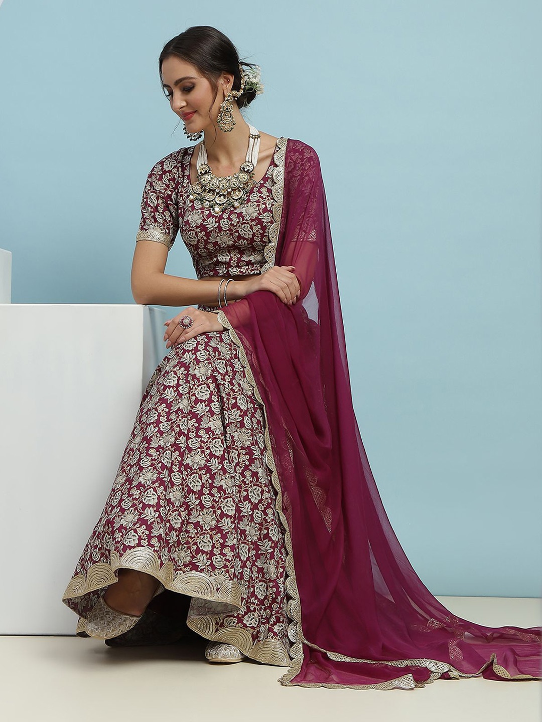 

Khushal K Printed Ready to Wear Lehenga & Blouse With Dupatta, Maroon