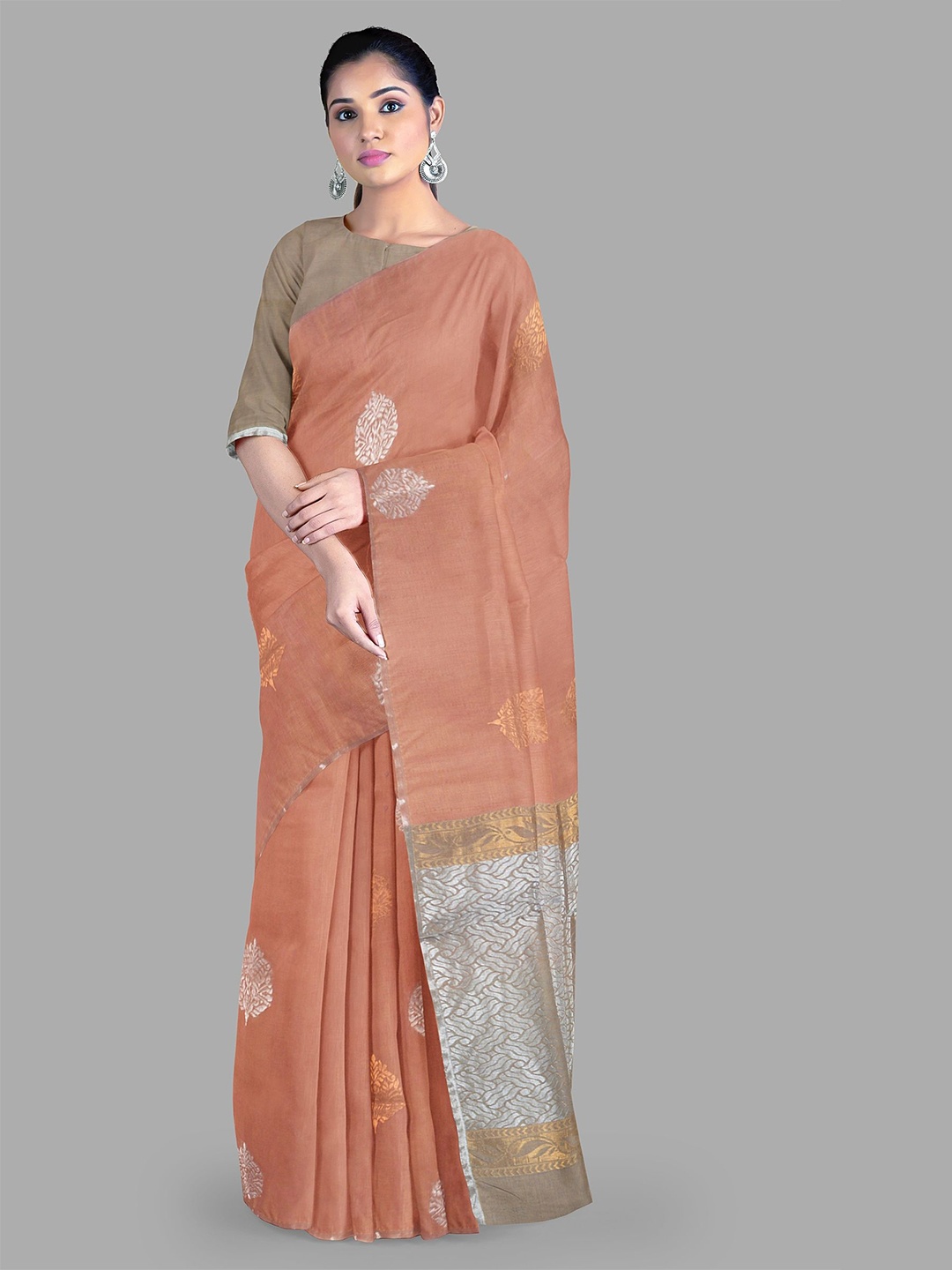 

The Chennai Silks Woven Design Ethnic Motifs Zari Pure Cotton Kovai Saree, Brown