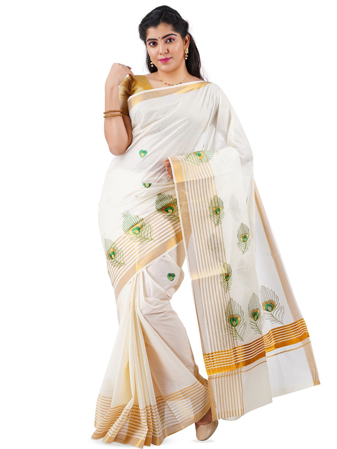 

Rst R Selvamani Tex Woven Design Zari Pure Cotton Ready to Wear Kasavu Saree, Off white