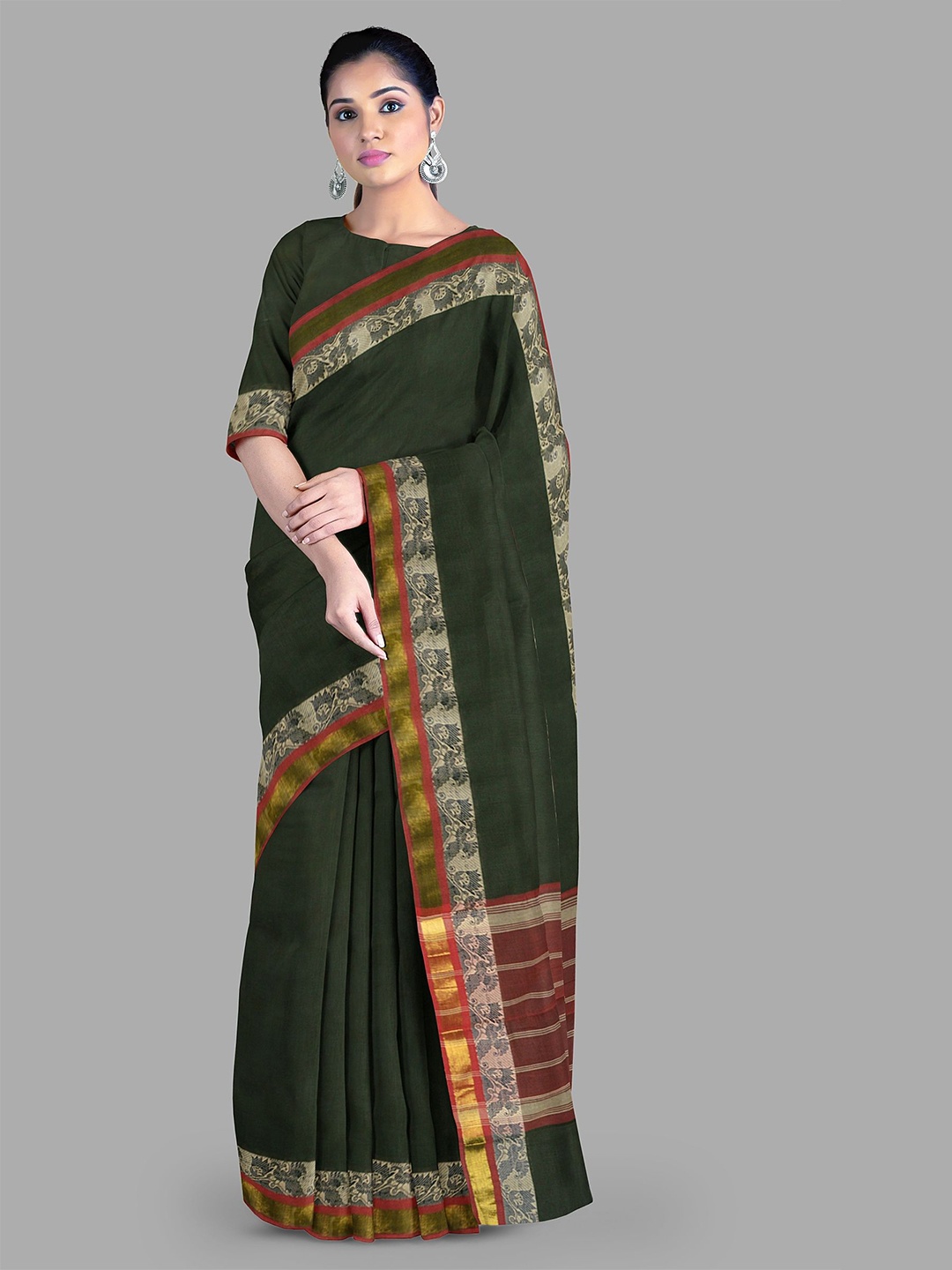 

The Chennai Silks Solid Zari Pure Cotton Chettinad Saree, Green