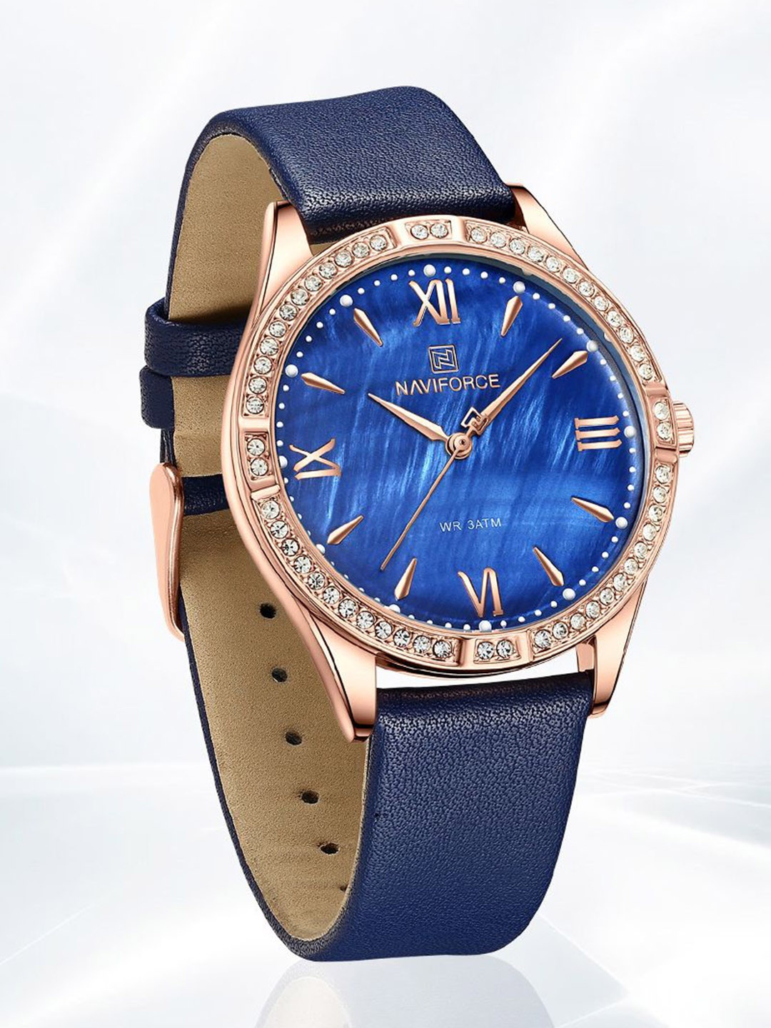 

Naviforce Women Brass Embellished Dial & Leather Straps Analogue Watch NF5038 RGD.BE, Blue