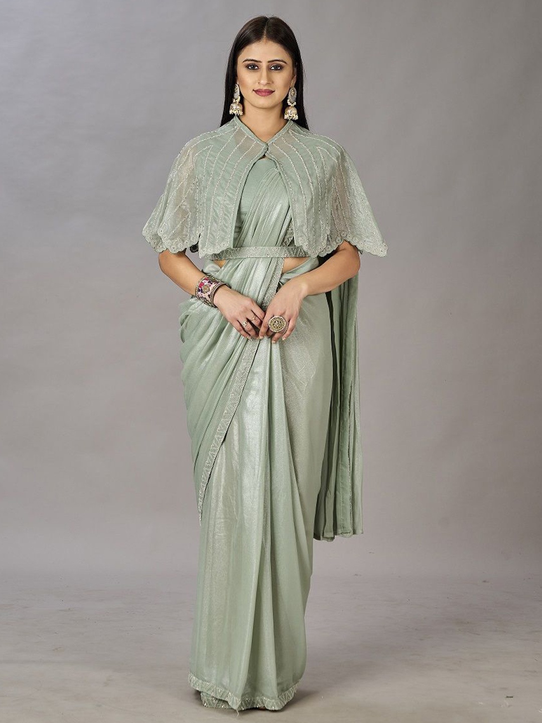 

JIVORA Sequinned Pure Georgette Ready to Wear Saree, Green