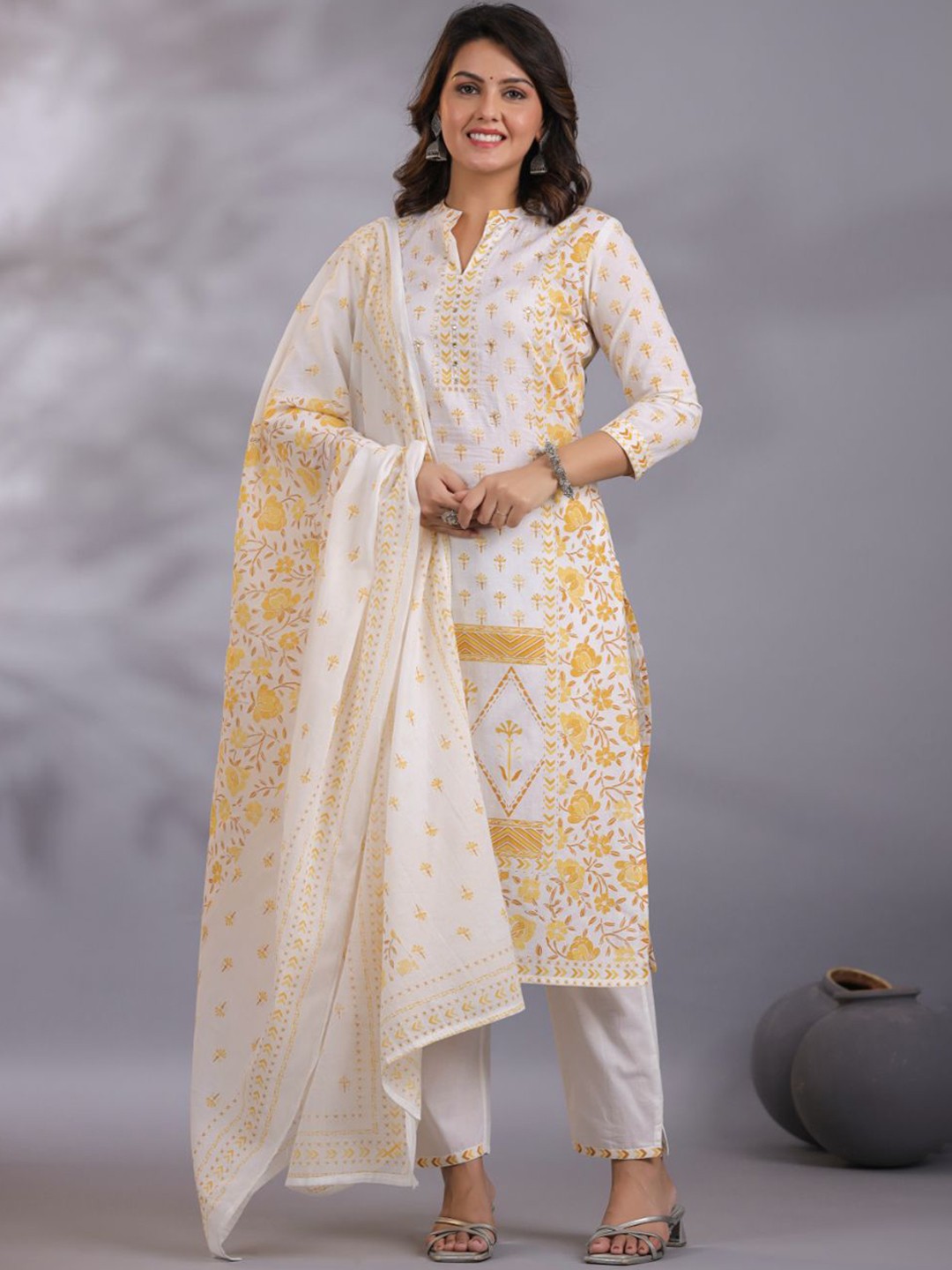 

KALINI Floral Embroidered Pure Cotton Straight Kurta With Trousers & Dupatta, White