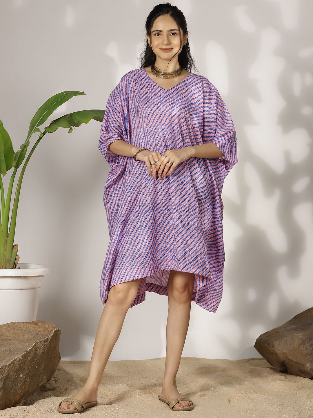 

LetsDressUp Women Striped Extended Sleeves Kaftan Dress, Lavender