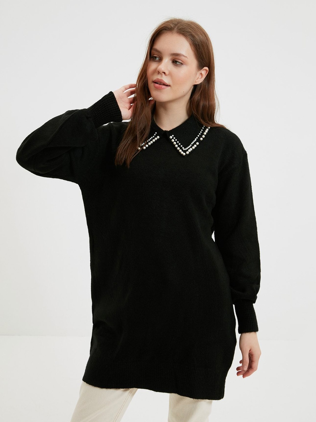 

Trendyol Women Embroidered Longline Pullover with Embellished Detail, Black