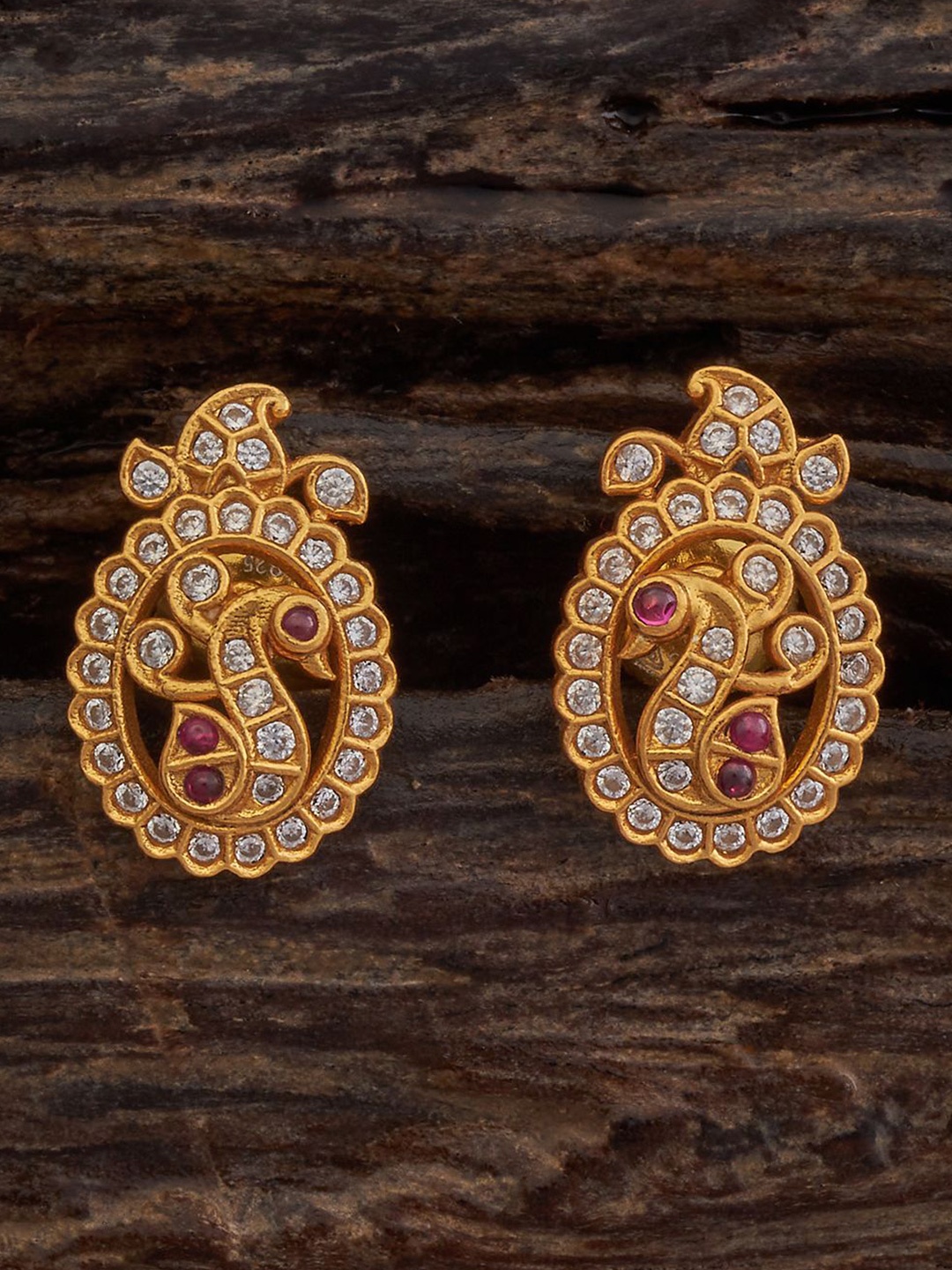 

Kushal's Fashion Jewellery Ruby Gold Plated 92.5 Pure Silver Peacock Shaped Studs