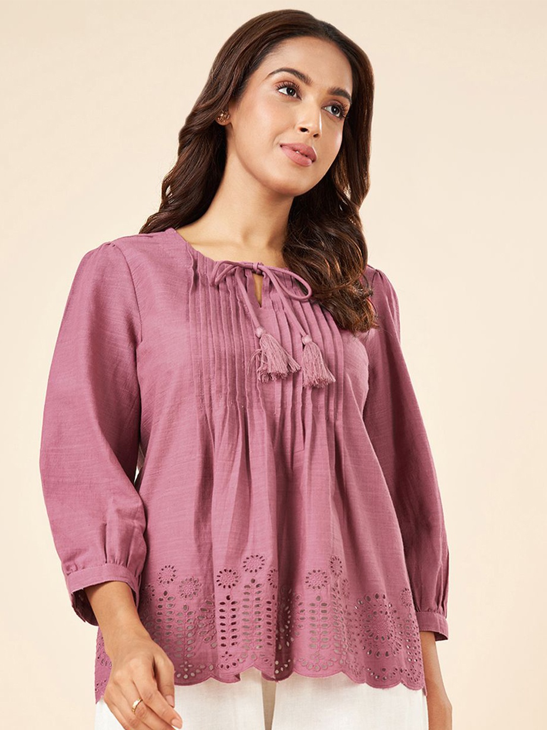 

AKKRITI BY PANTALOONS Embroidered Cotton Top, Pink