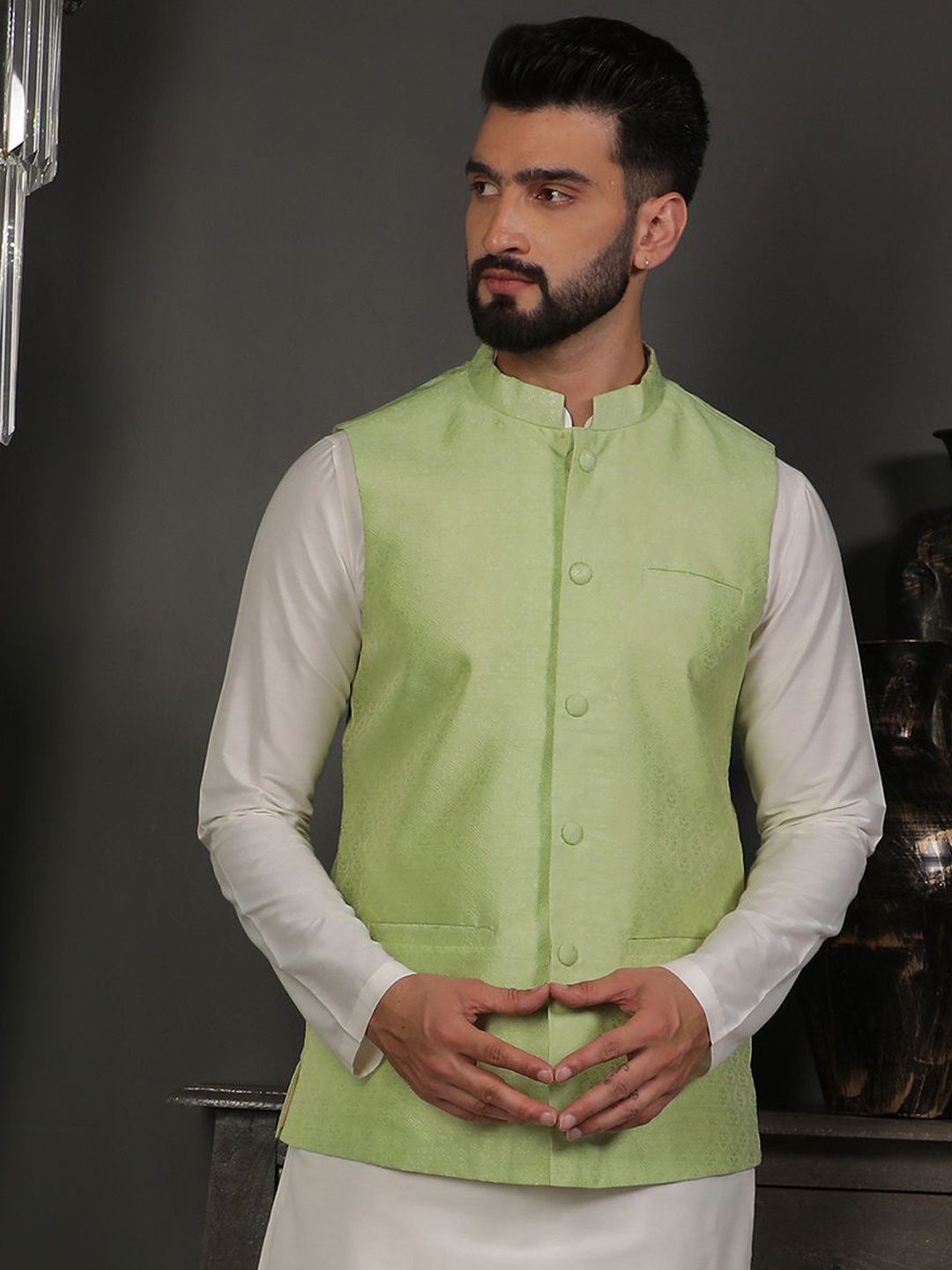 

DEYANN Men Printed Mandarin Collar Nehru Jacket, Green