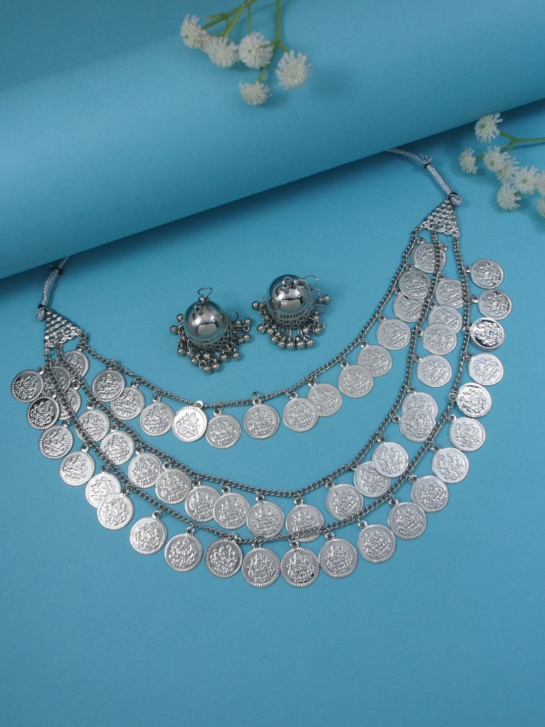 

I Jewels Silver Plated Oxidised Traditional Multilayered Coin Jewellery Set