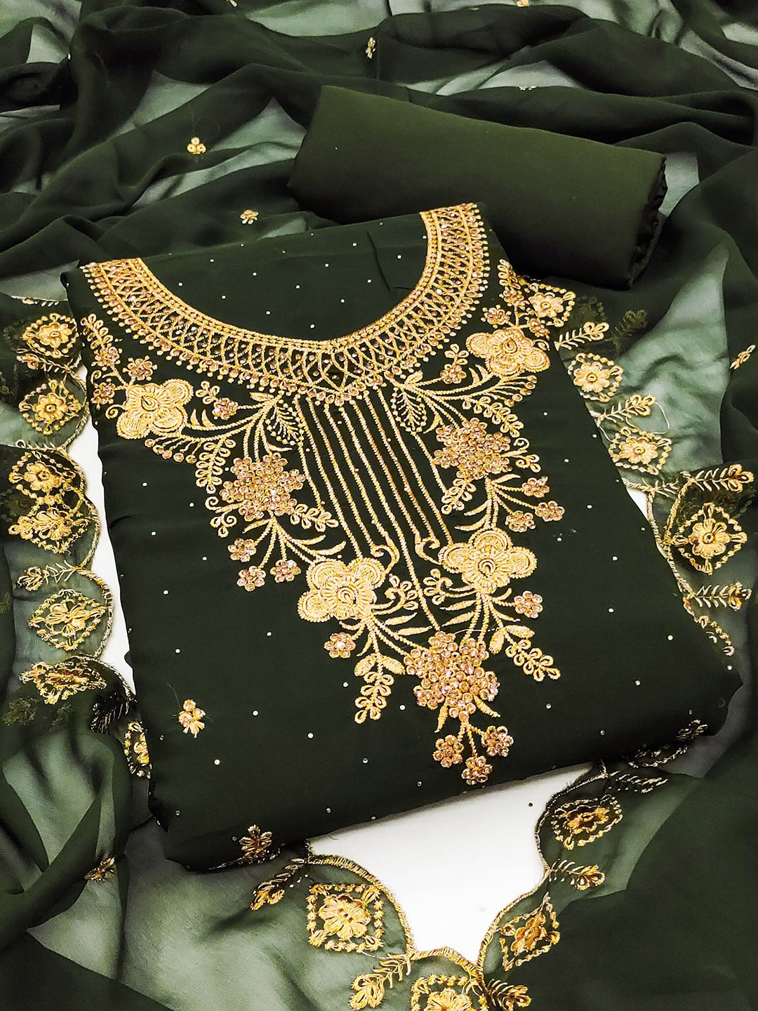 

Ishin Floral Embroidered Beads & Stones Silk Georgette Unstitched Dress Material, Olive