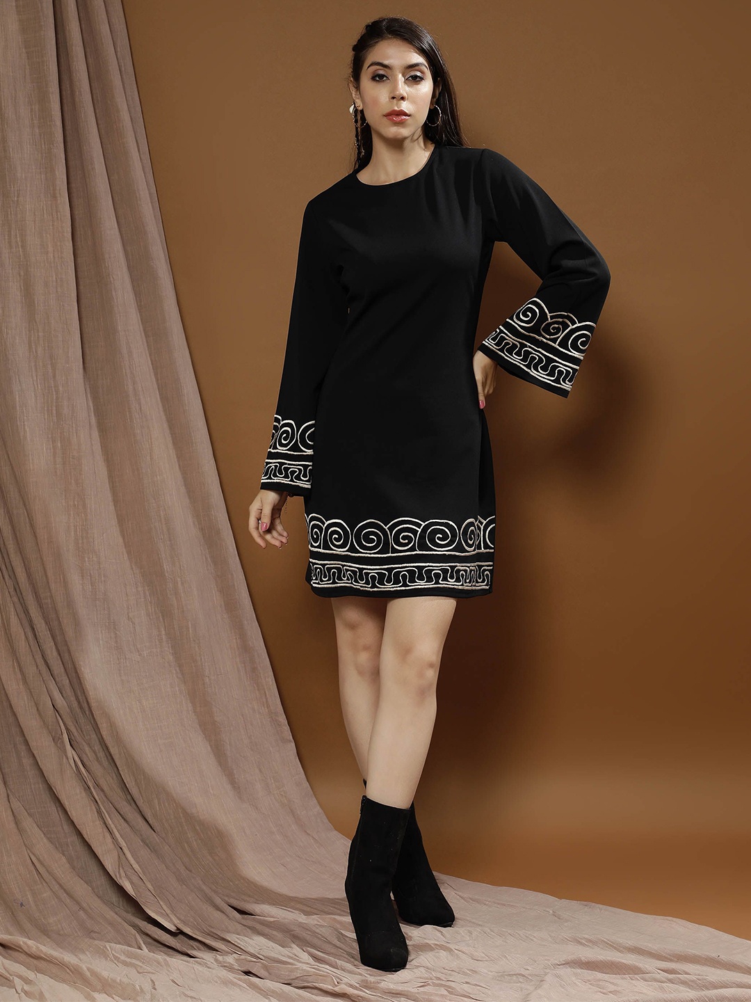 

Boho By Athena Women Embroidered Bohemian A-Line Above Knee Dress, Black