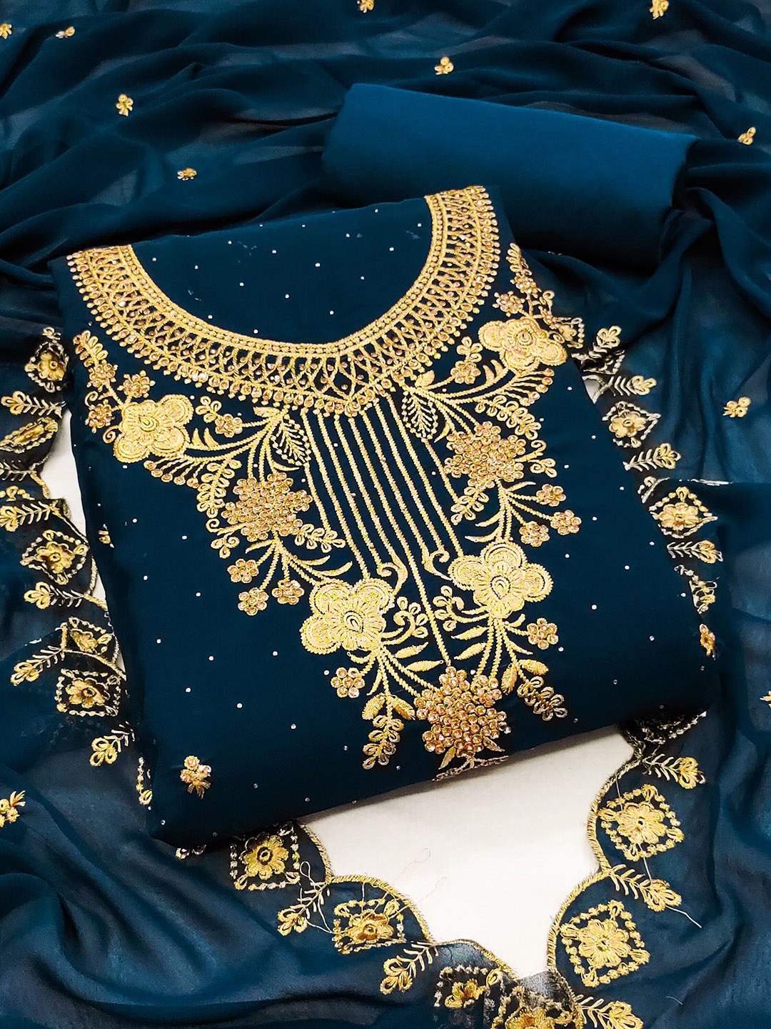 

Ishin Ethnic Motifs Embroidered Beads and Stones Silk Georgette Unstitched Dress Material, Teal