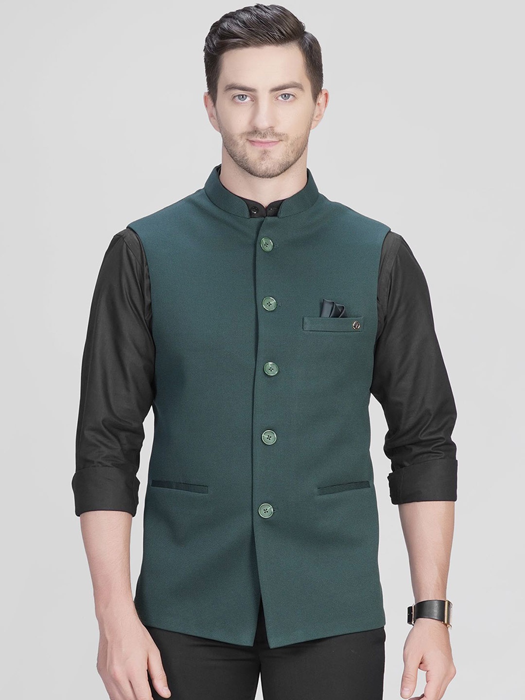 

LA'SCOOT Woven Design Mandarin Collar Nehru Jacket, Green