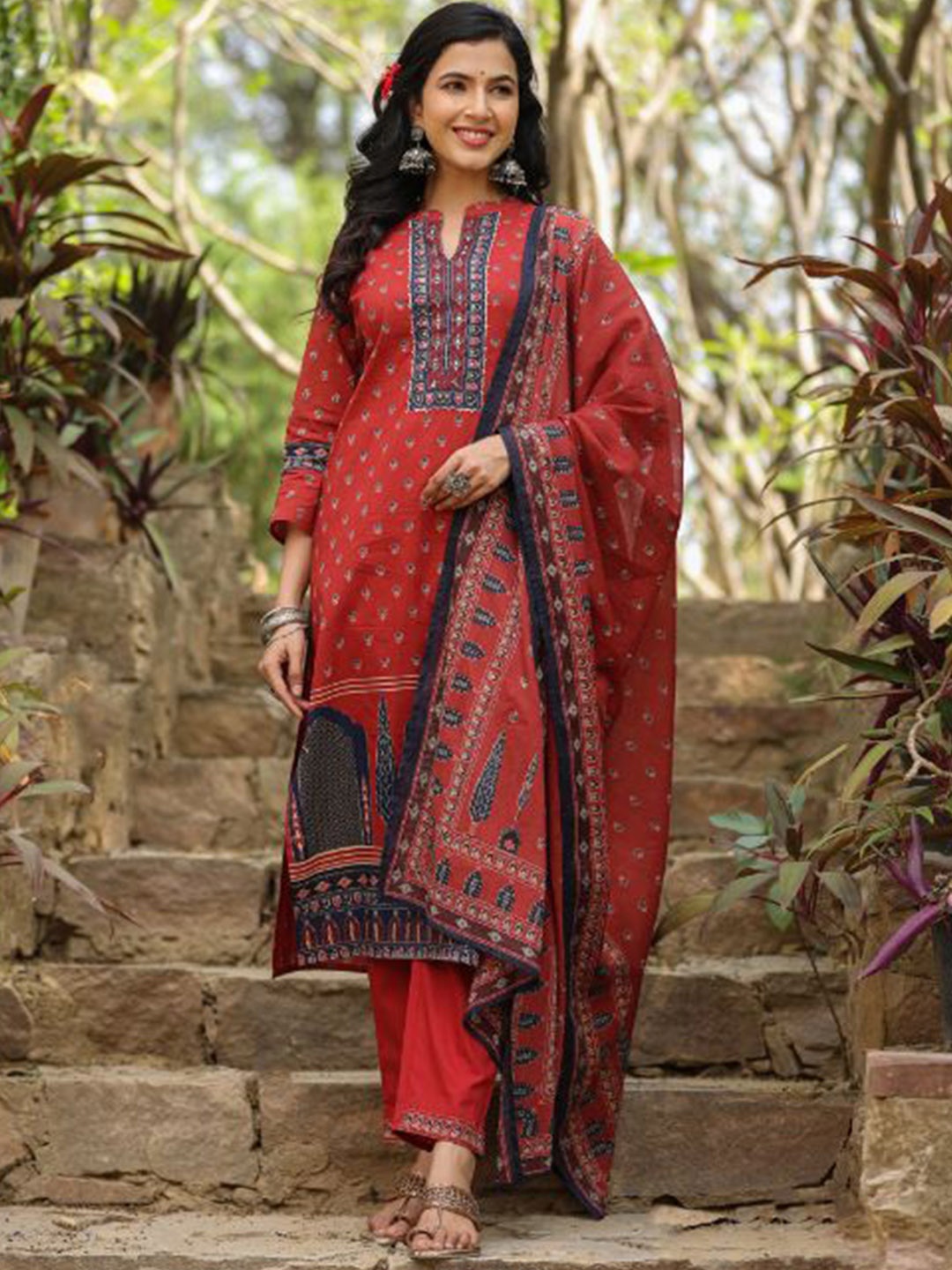 

KALINI Ethnic Motifs Pure Cotton Kurta With Trousers & Dupatta, Red