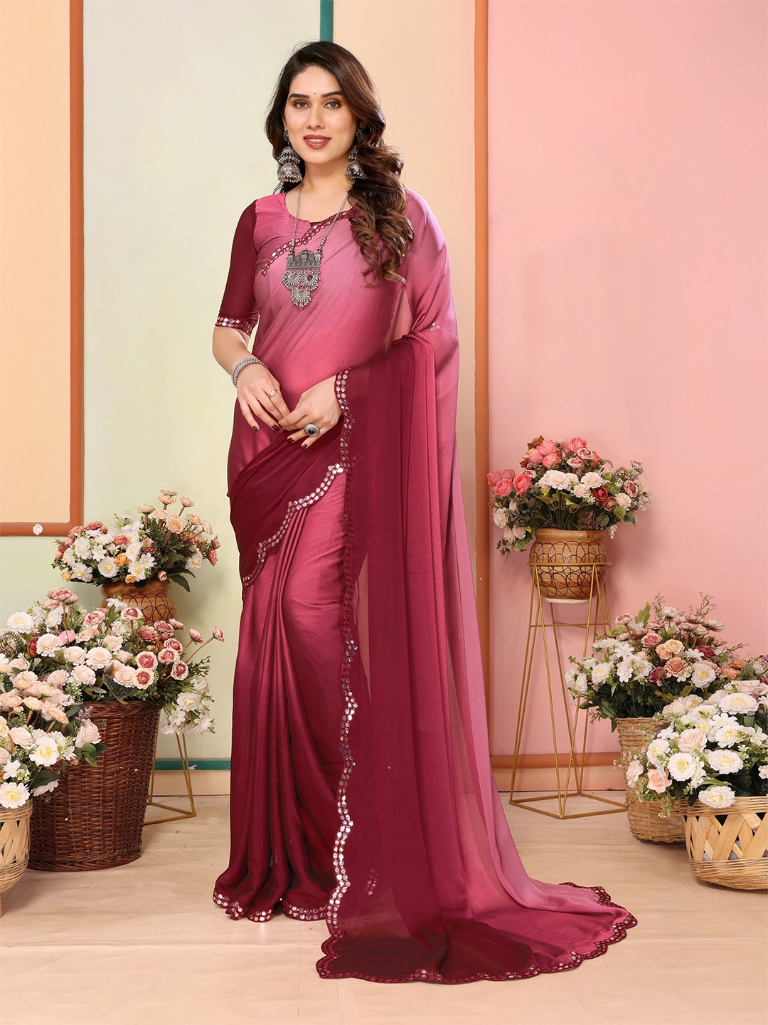 

The Textile Hub Solid Ombre Mirror Work Pure Silk Saree, Maroon