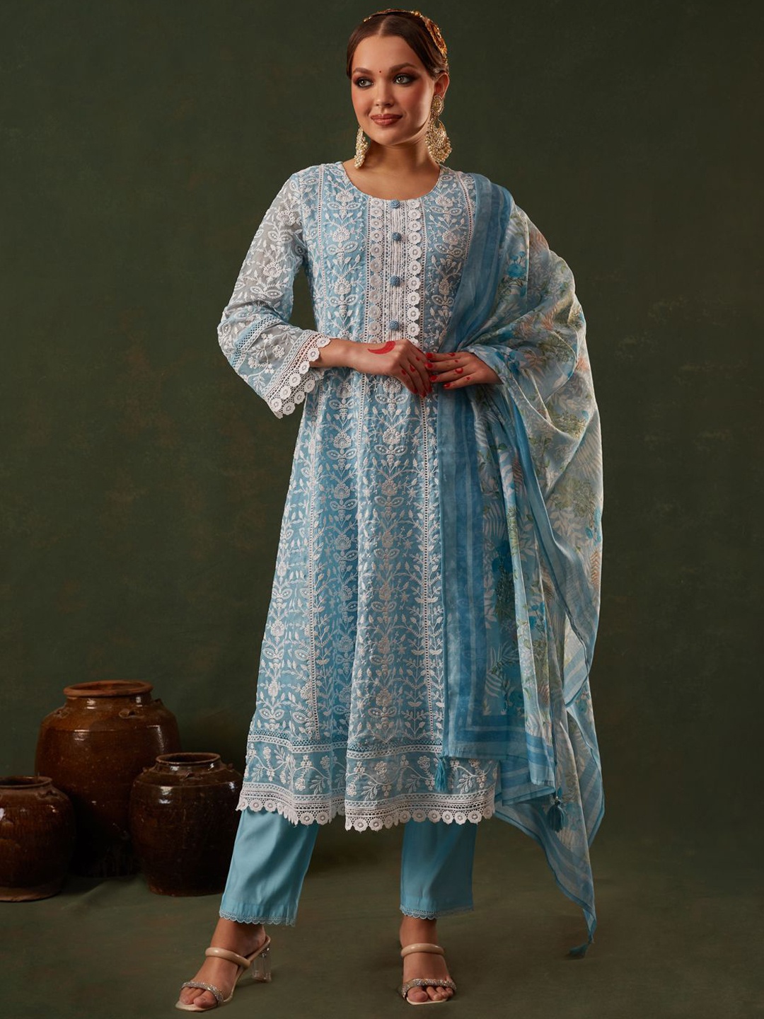 

HEEPOSH Floral Embroidered Organza A-Line Kurta with Trousers & Dupatta, Blue