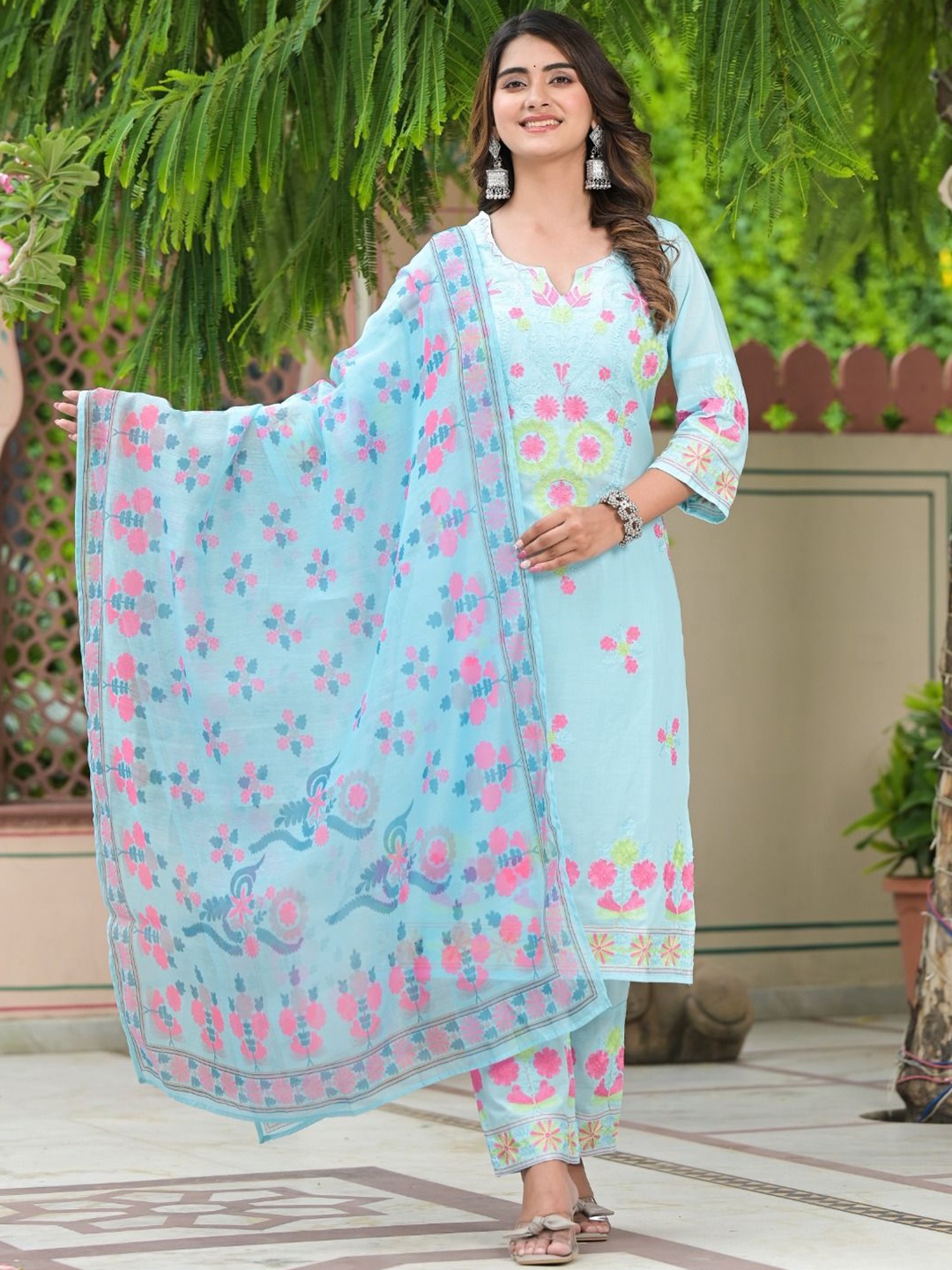 

FLAVIA CREATION Floral Embroidered Pure Cotton Kurta With Trousers & Dupatta, Blue