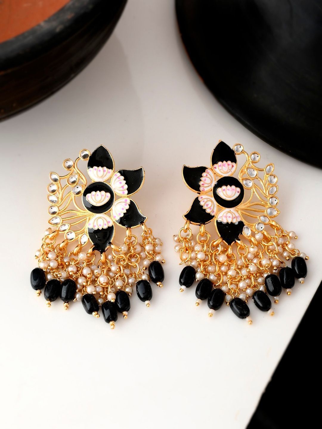 

Anouk Gold Plated Kundan Studded & Beaded Floral Meenakari Drop Earrings