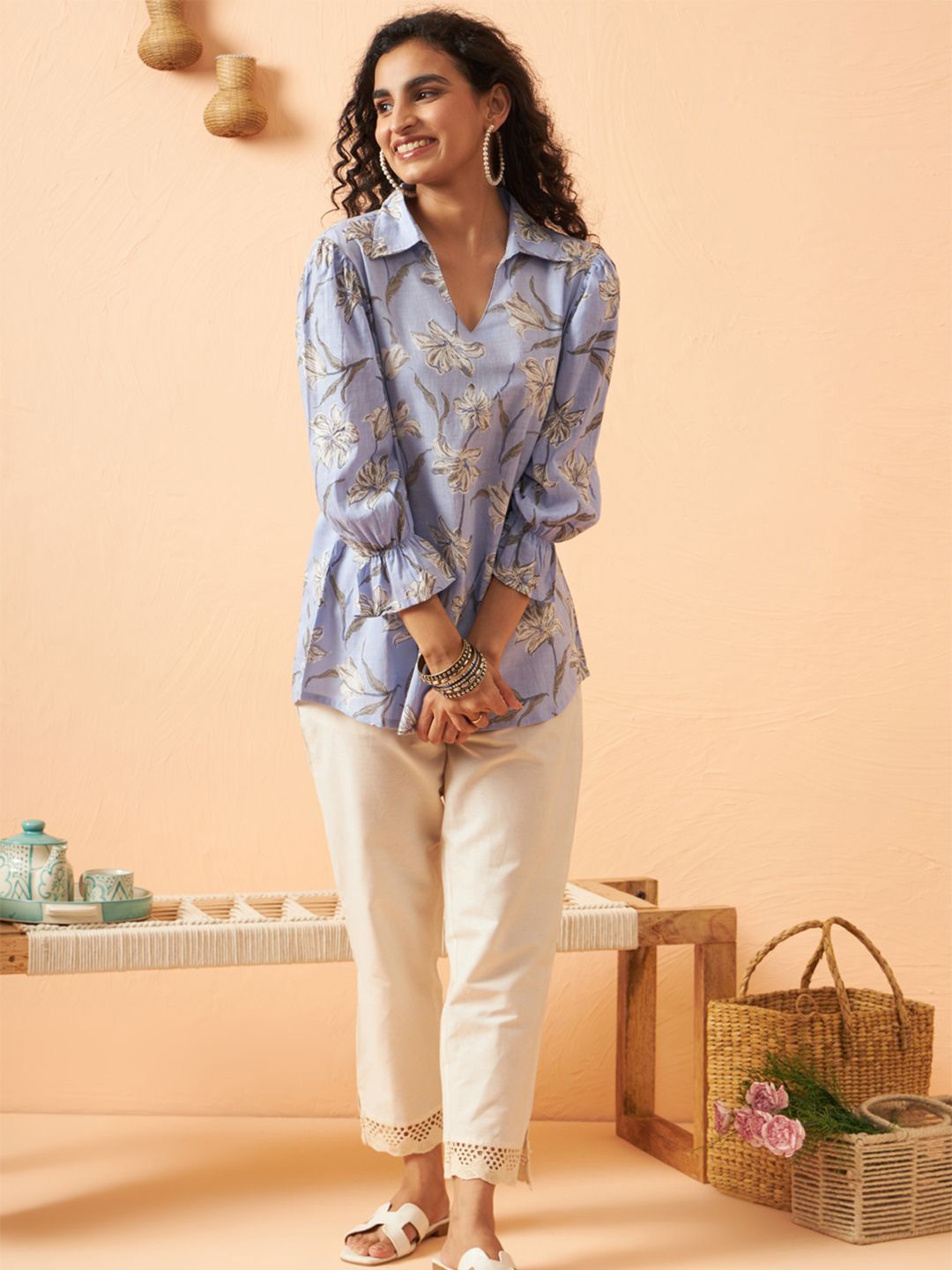 

ARAVALII Pure Cotton Floral Printed Tunics, Blue